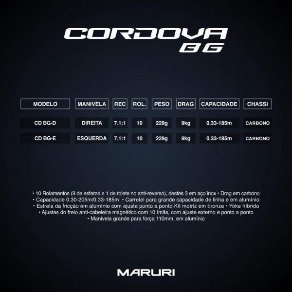 CARRETILHA CORDOVA BG E DRAG 10 ROLAMENTOS 9K EM CARBONO 0.33-185M (Maruri) - Imagem 4